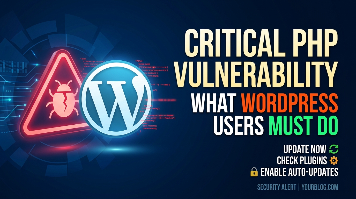 Warning graphic showing a PHP security alert affecting WordPress websites